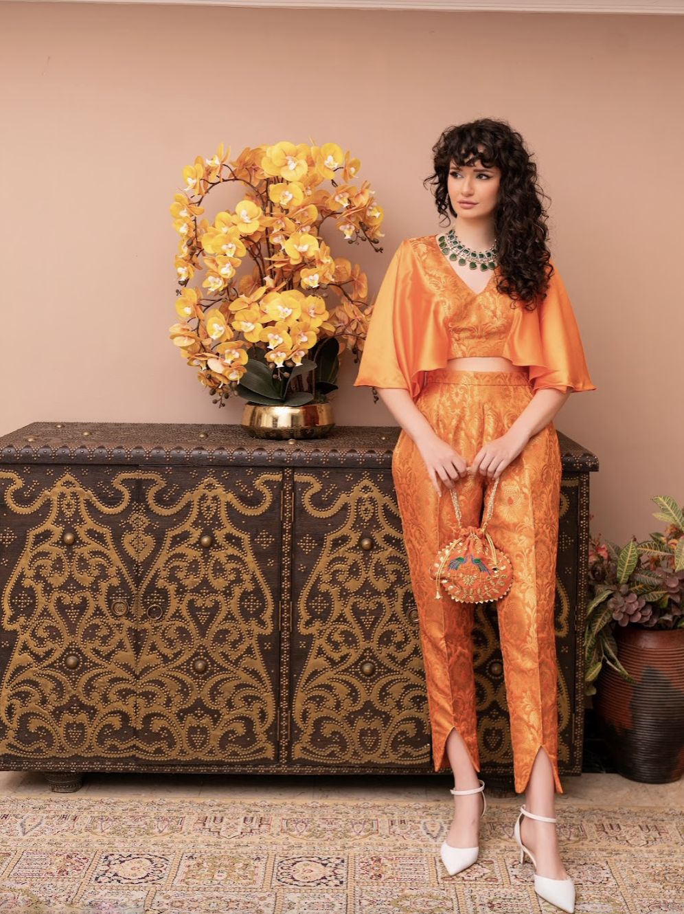 Saisha Orange and Gold Brocade Crop-Top and Pants Co-Ord Set