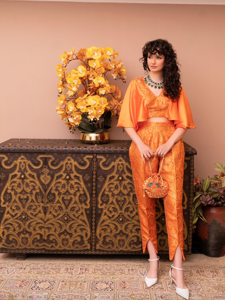 Saisha Orange and Gold Brocade Crop-Top and Pants Co-Ord Set