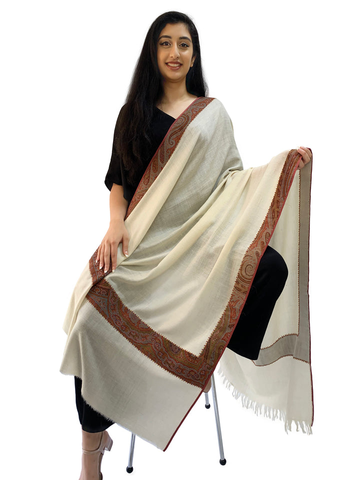 Ghazala White Pashmina Shawl with Hand-Embroidered Antique Borders | House of Inaayat