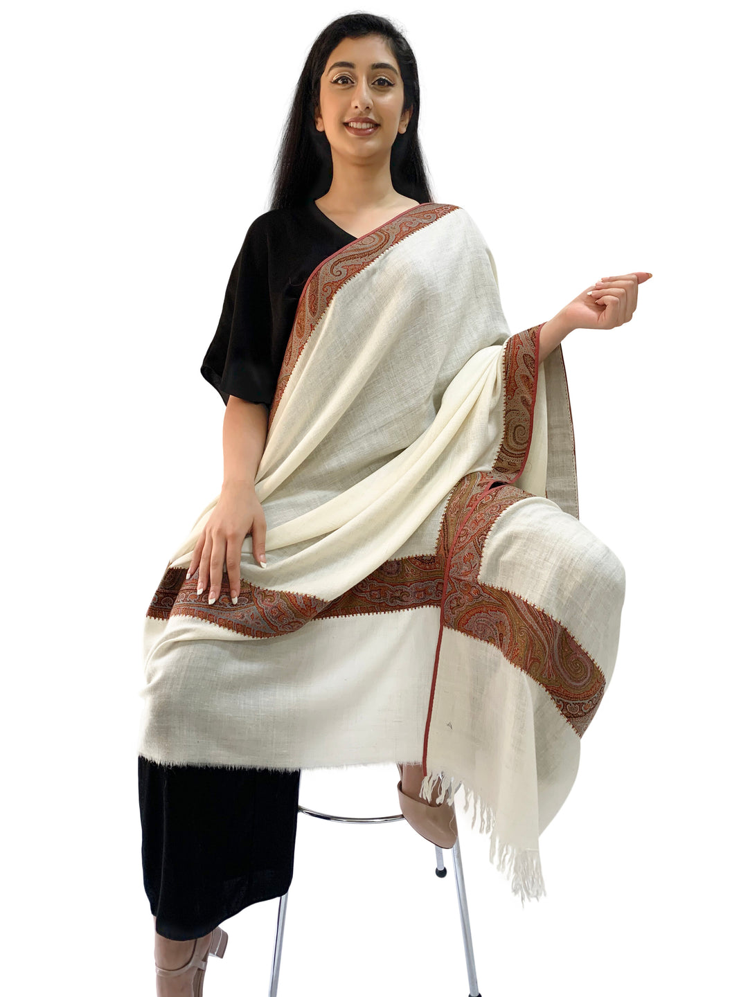 Ghazala White Pashmina Shawl with Hand-Embroidered Antique Borders | House of Inaayat