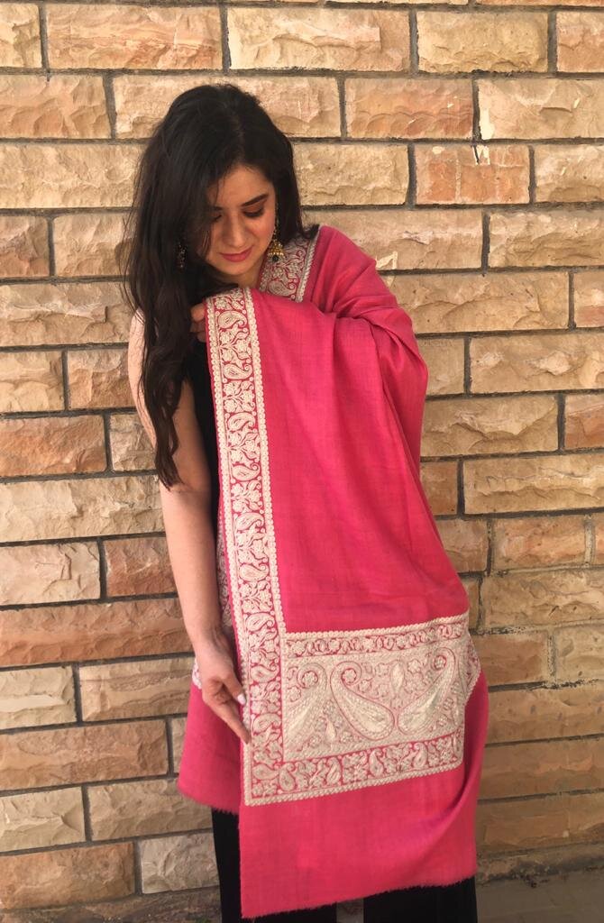 Zehnaseeb Pink Pashmina Shawl With Tilla | House of Inaayat