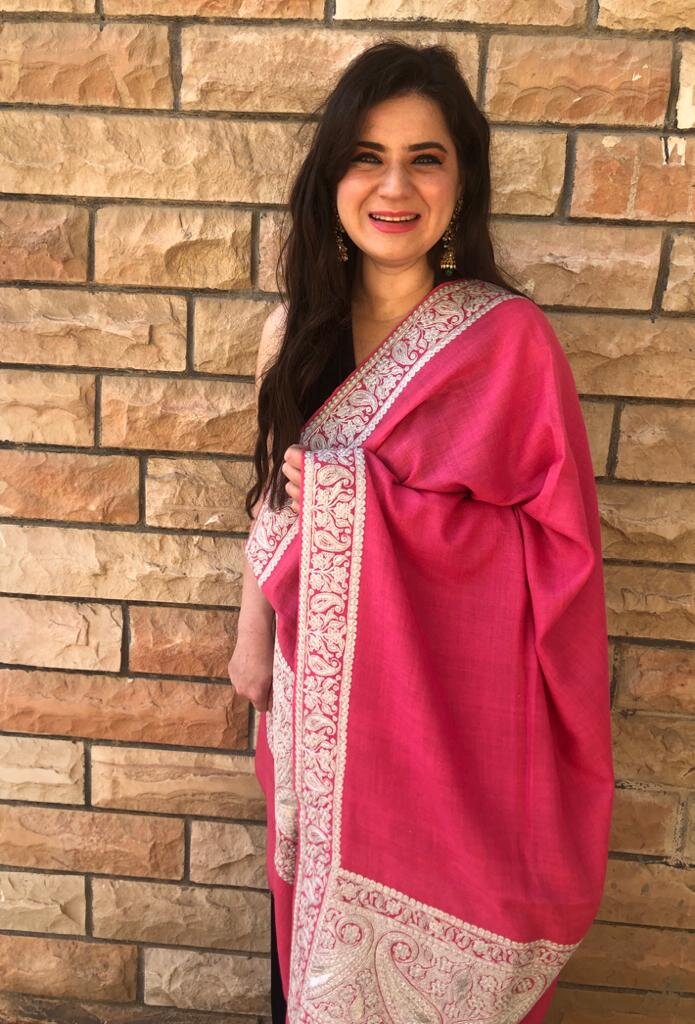 Zehnaseeb Pink Pashmina Shawl With Tilla | House of Inaayat