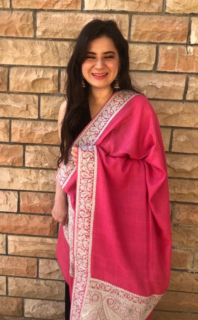 Zehnaseeb Pink Pashmina Shawl With Tilla | House of Inaayat