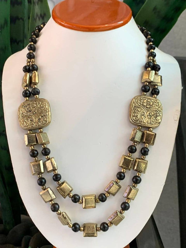Tabassum Black and Gold Metallic Square Bead Double-Strand Necklace
