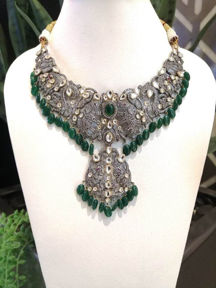 Hathi Elephant Antique-look Necklace and Earrings Set with Green Beads|Inaayat by Divya Taimni