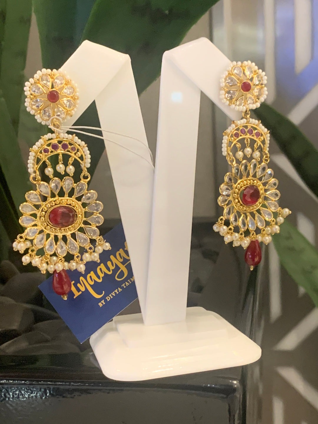 Fiona Red and Gold Flower and Crescent Moon Earrings|Inaayat by Divya Taimni