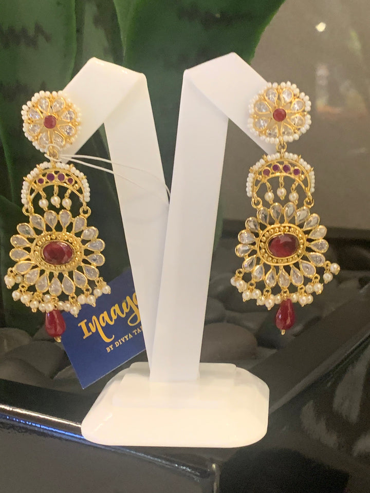 Fiona Red and Gold Flower and Crescent Moon Earrings|Inaayat by Divya Taimni